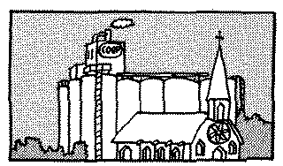 Sketch of 'Co-op' grain elevator and church