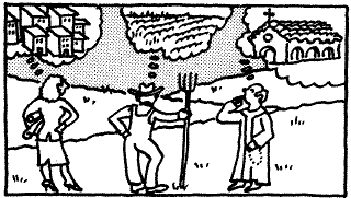 Sketch showing people looking at the landscape in different ways