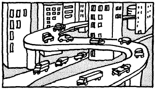 Sketch showing cars on a freeway