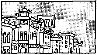 Sketch showing ethnic Chinese architecture with pizza sign