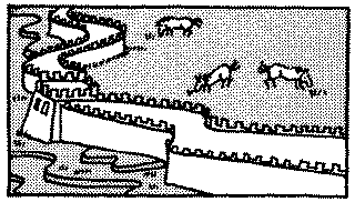Sketch showing the great wall of China with cattle grazing nearby